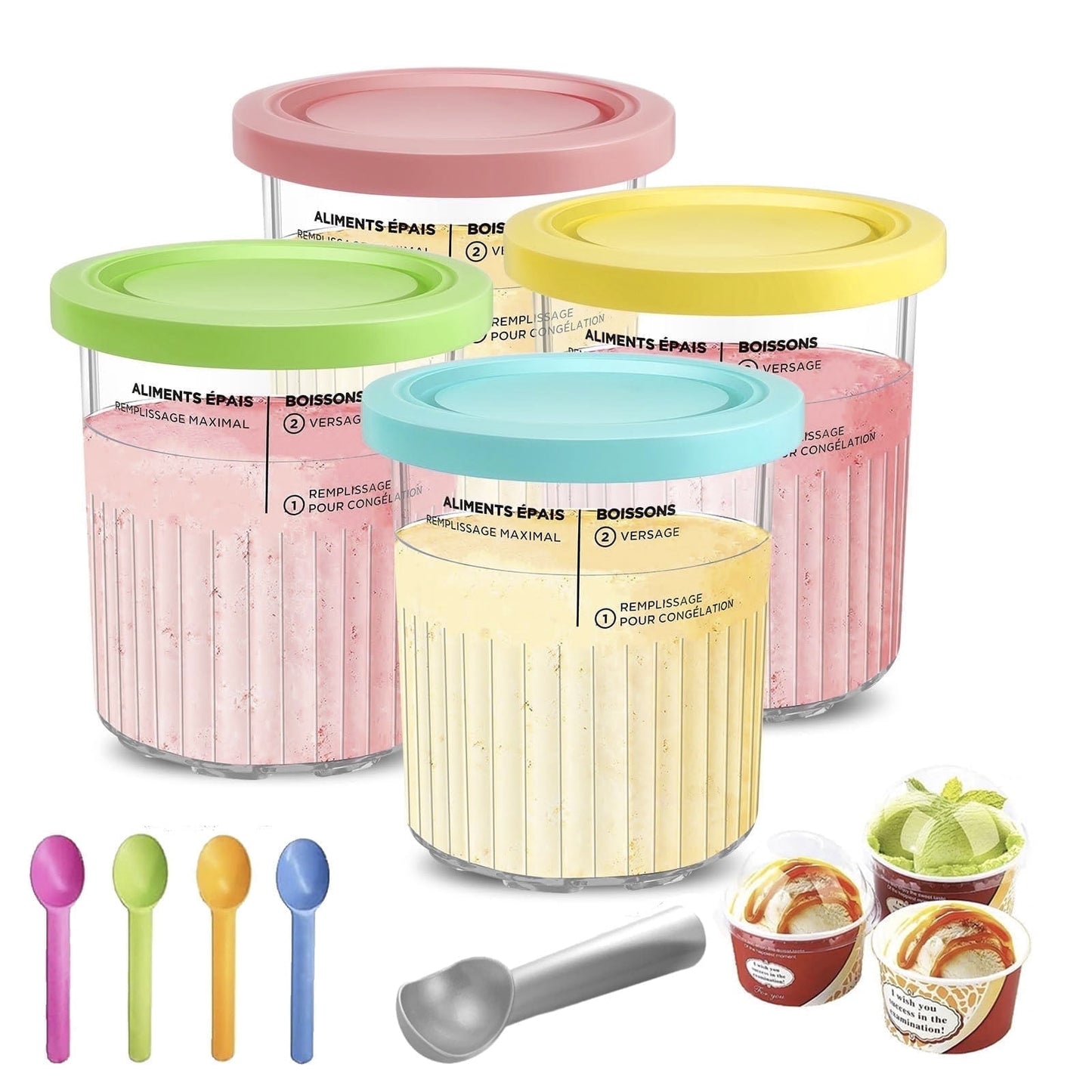 Ice Cream Pint Container 4-Pack , Replacement for Ninja Creami Pints and Lids,16Oz Cups Compatible with NC301 NC300 Series Ice Cream Makers, Dishwasher Safe with 4 Ice Cream Scoops