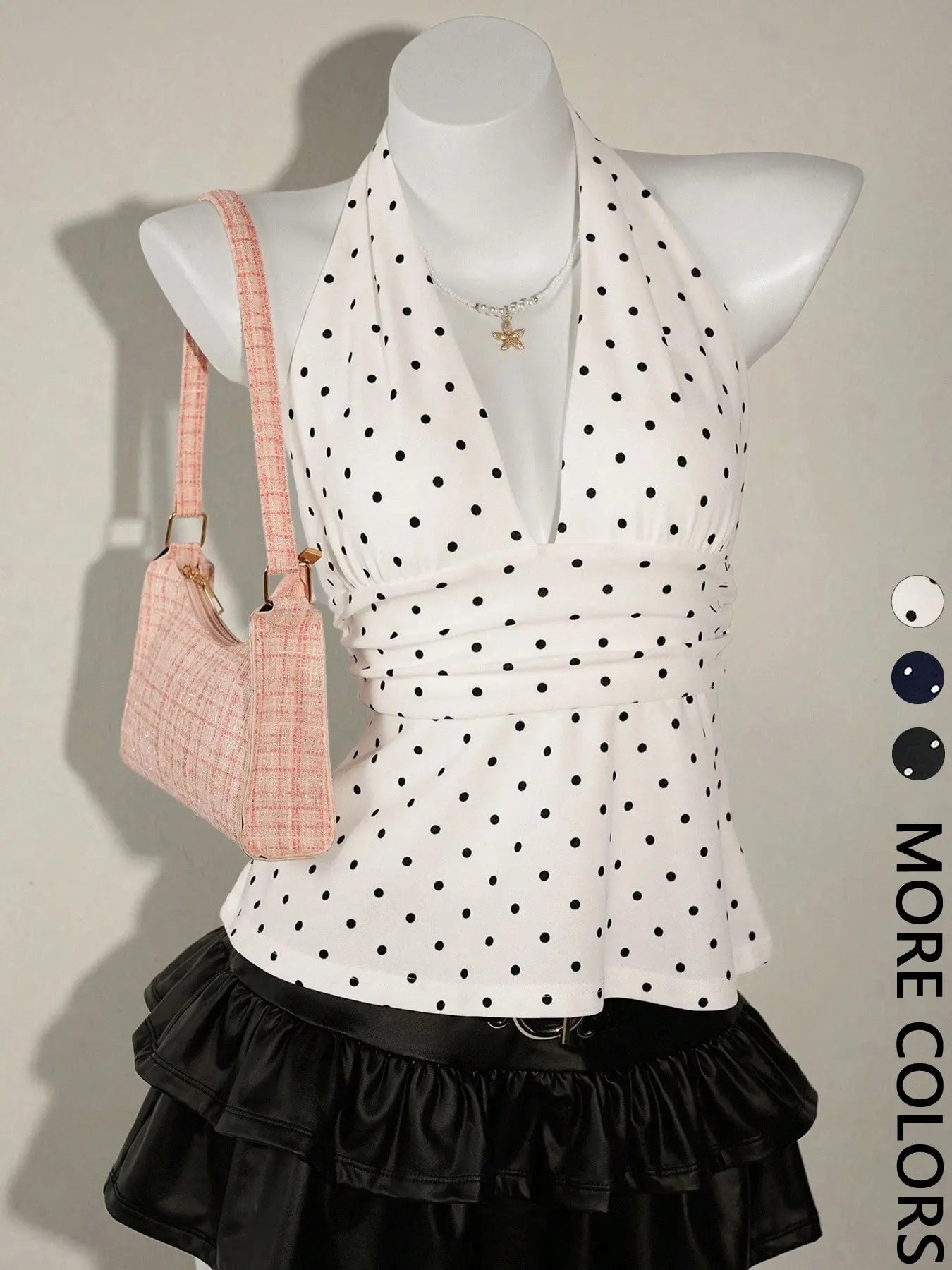 Women'S Polka Dot Print Halter Top, Deep V Neck, Tie Back Closure, Adjustable, Ruched Waist, Multiple Color Options, Soft Breathable Fabric, Daily Casual Vacation Date Night Wear, Womenswear & Halter Tops