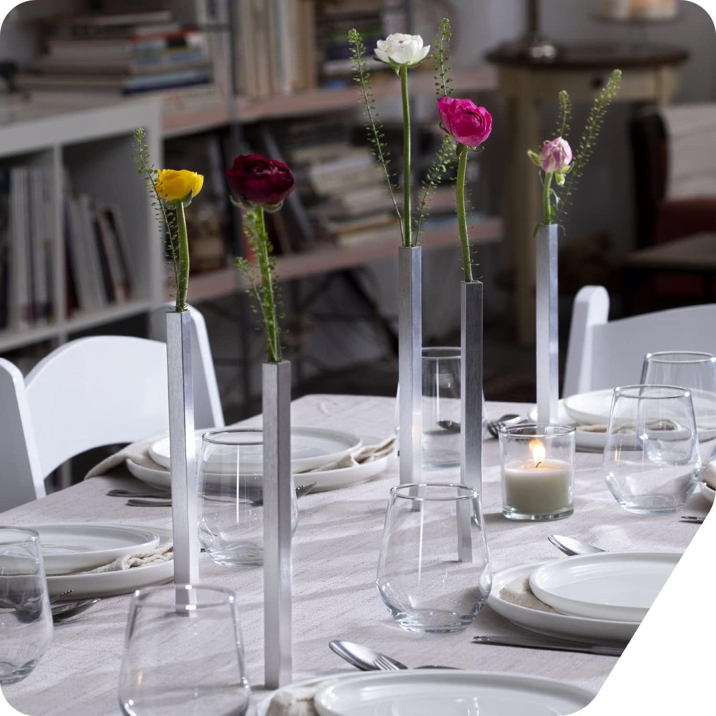 Magnetic Bud Vase Set (Silver) - Unique Home Decor Gift & Modern Table Centerpiece - 5 Aluminum Single Stem Vases - 9.4" Tall Gravity Defying Decor