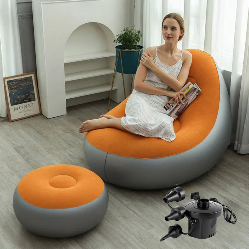 Blow up Couch Inflatable Chair with Footstool Portable Lazy Sofa Lounger Comfy Flocked Surface Portable Chaise Soft Comfortable