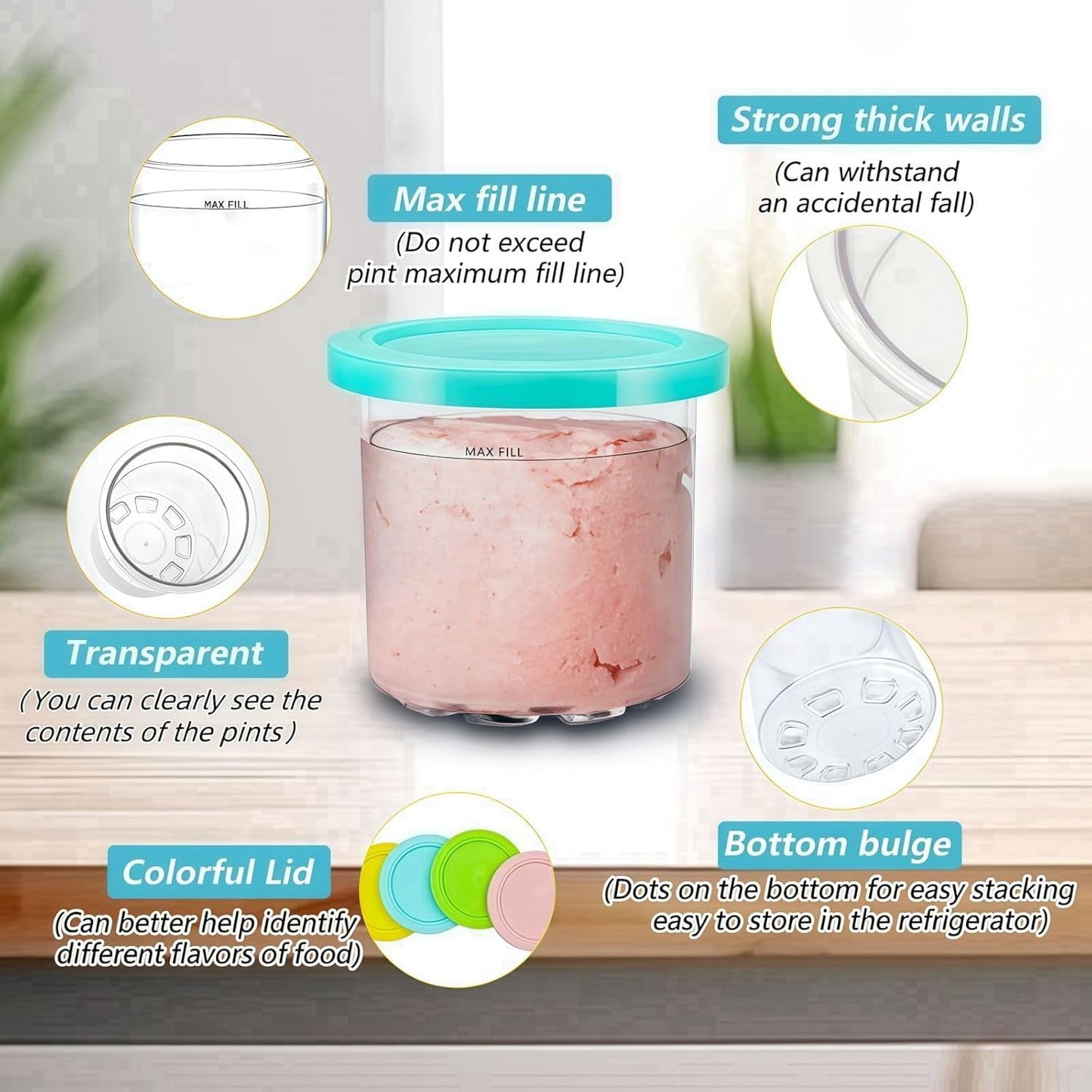 Ice Cream Pint Container 4-Pack , Replacement for Ninja Creami Pints and Lids,16Oz Cups Compatible with NC301 NC300 Series Ice Cream Makers, Dishwasher Safe with 4 Ice Cream Scoops