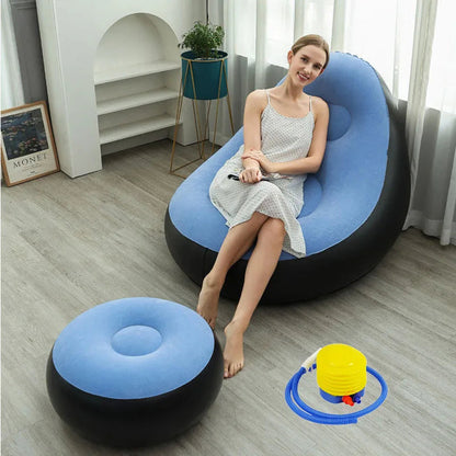 Blow up Couch Inflatable Chair with Footstool Portable Lazy Sofa Lounger Comfy Flocked Surface Portable Chaise Soft Comfortable