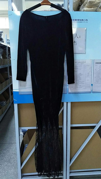 Women'S Maxi Dress V-Neck Black Lace Long Sleeve Party Gown Elegant Vestidos Lapel Rope High Waist Autumn Female