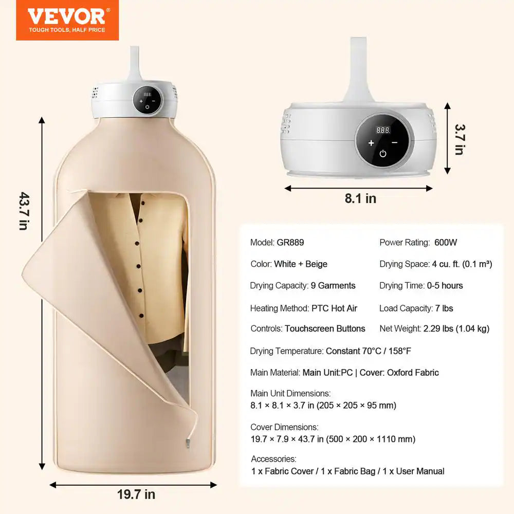 Portable Clothes Dryer, Clothes Dryer with Dryer Bag, PTC Heating and LED Display, Foldable Mini Dryer with 5-H Timer