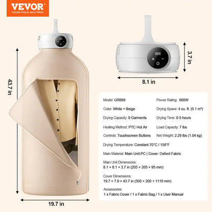 Portable Clothes Dryer, Clothes Dryer with Dryer Bag, PTC Heating and LED Display, Foldable Mini Dryer with 5-H Timer