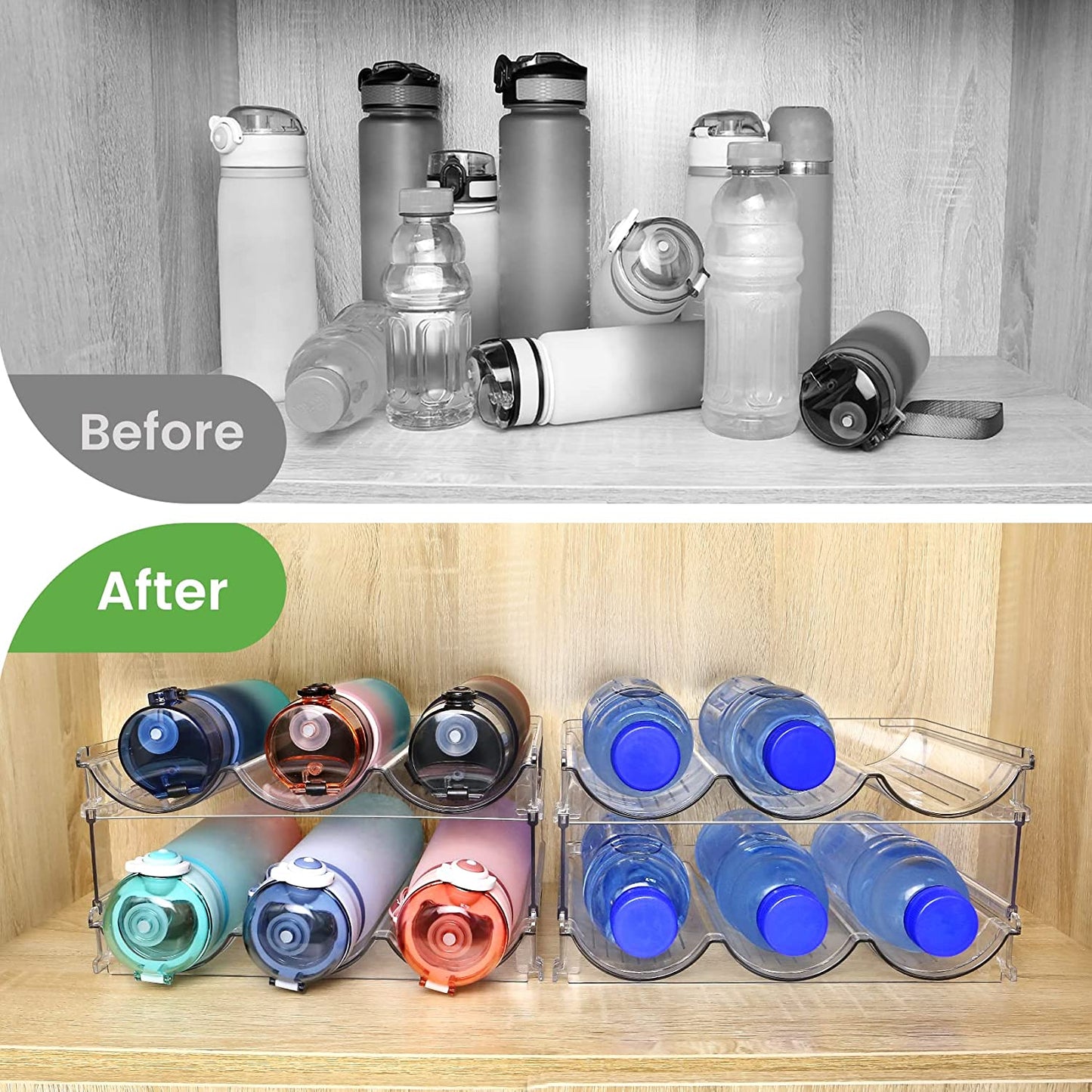 Spospo Water Bottle Organizer for Cabinet, Water Bottle Storage Organizer, 2 Packs Water Bottle Storage Rack, Water Bottle Holder for Cabinet, Stackable Water Bottle Storage Rack