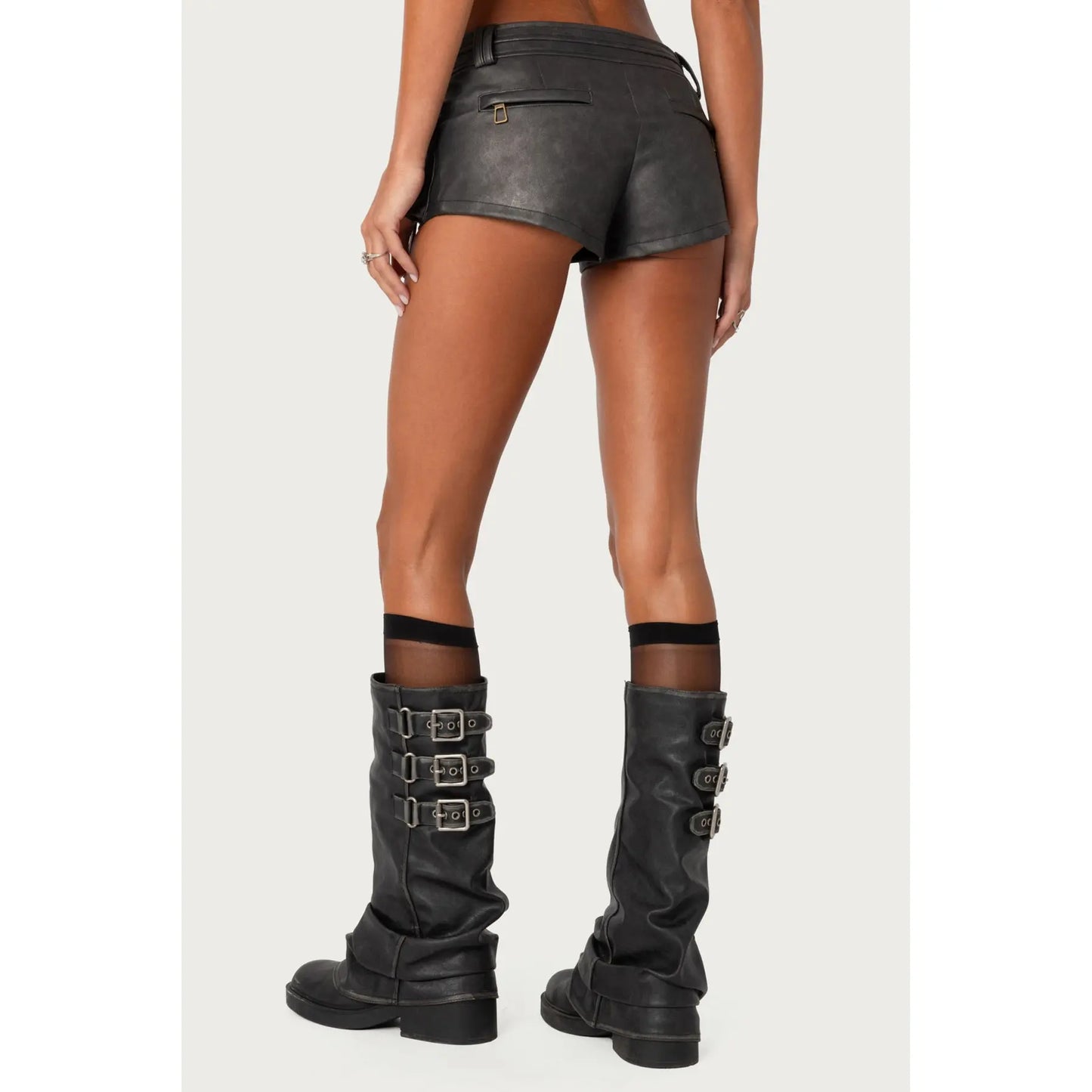 Washed Faux Leather Micro Cargo Shorts