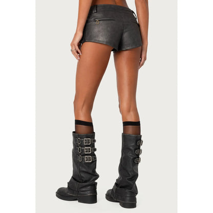 Washed Faux Leather Micro Cargo Shorts