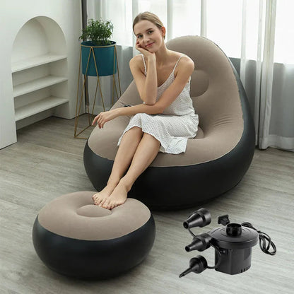 Blow up Couch Inflatable Chair with Footstool Portable Lazy Sofa Lounger Comfy Flocked Surface Portable Chaise Soft Comfortable