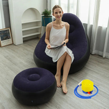 Blow up Couch Inflatable Chair with Footstool Portable Lazy Sofa Lounger Comfy Flocked Surface Portable Chaise Soft Comfortable