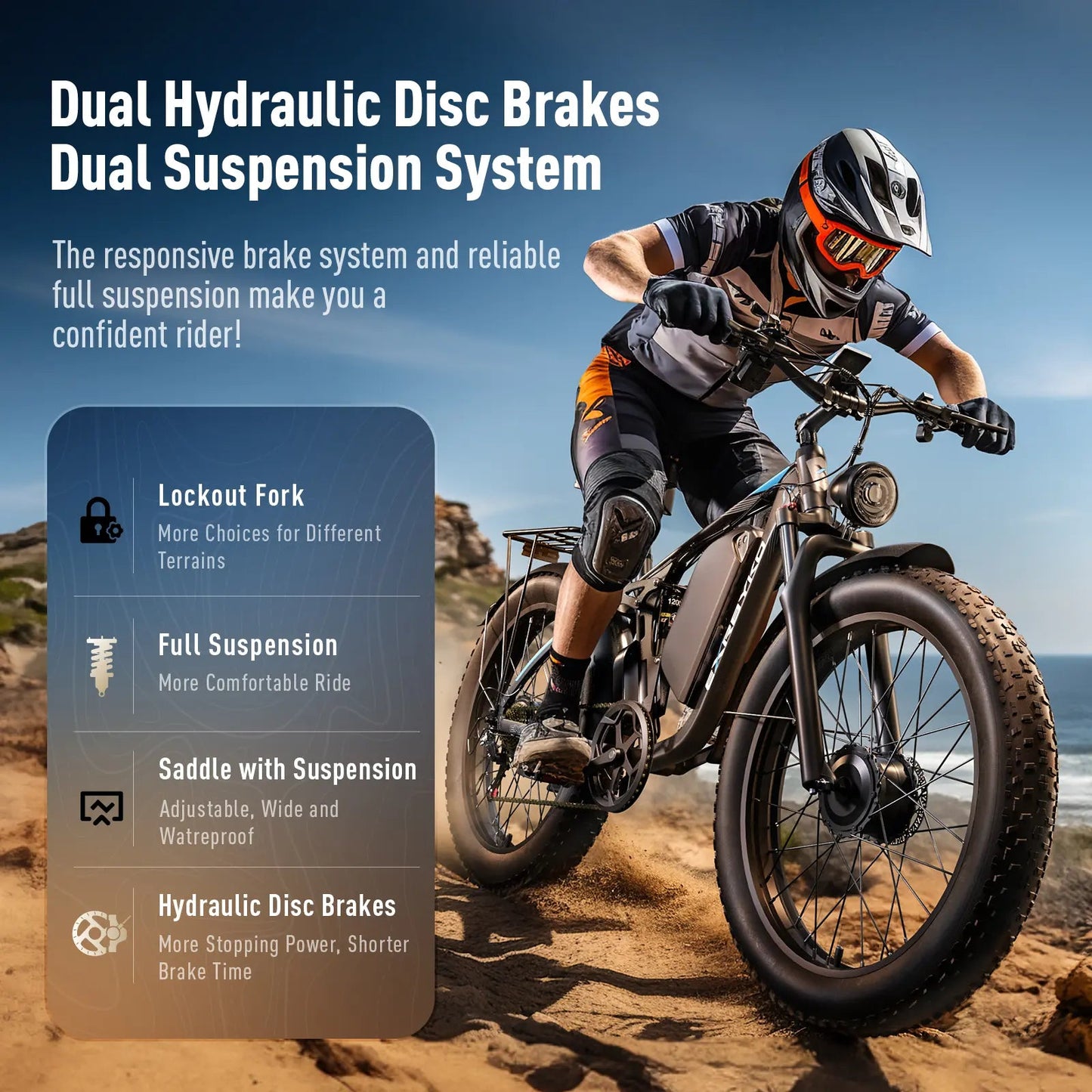 Electric Bike for Adults 43MPH 25Ah 52V Fast Ebike 3000W Peak Dual Motors 26" Full Suspension Fat Tire E Bikes for Men with Hydraulic Brake