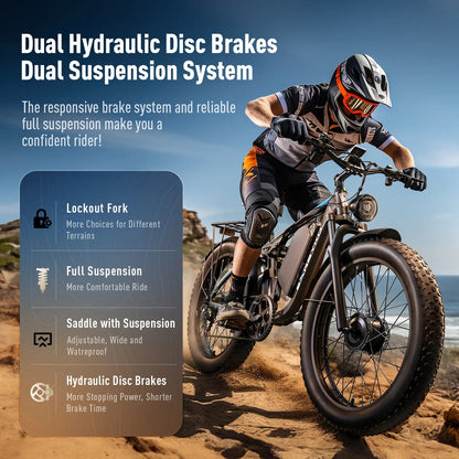 Electric Bike for Adults 43MPH 25Ah 52V Fast Ebike 3000W Peak Dual Motors 26" Full Suspension Fat Tire E Bikes for Men with Hydraulic Brake