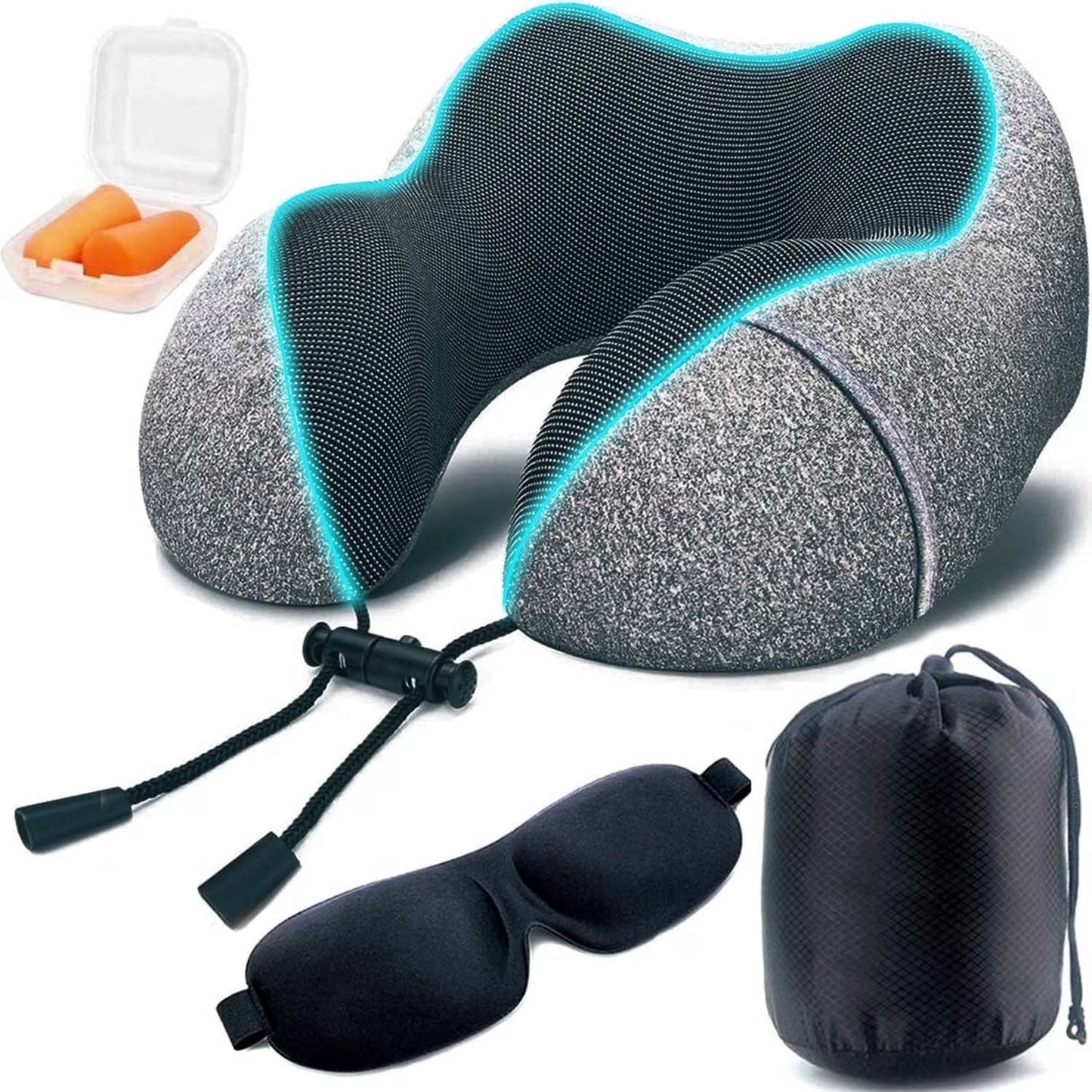 Camkey Travel Pillow, Memory Foam Neck Pillow, Upgrade Design Perfect Support U Shaped Pillow with 3D Contoured Eye Mask, Earplugs, Travel Bag