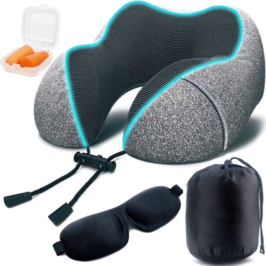 Camkey Travel Pillow, Memory Foam Neck Pillow, Upgrade Design Perfect Support U Shaped Pillow with 3D Contoured Eye Mask, Earplugs, Travel Bag