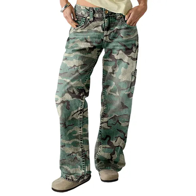Flamingals Stretchy Camo Print Mid Rise Straight Leg Pants