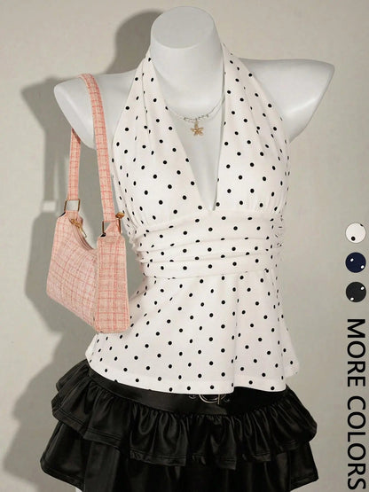 Women'S Polka Dot Print Halter Top, Deep V Neck, Tie Back Closure, Adjustable, Ruched Waist, Multiple Color Options, Soft Breathable Fabric, Daily Casual Vacation Date Night Wear, Womenswear & Halter Tops