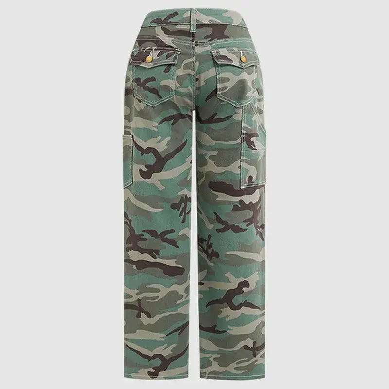 Flamingals Stretchy Camo Print Mid Rise Straight Leg Pants
