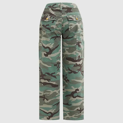 Flamingals Stretchy Camo Print Mid Rise Straight Leg Pants