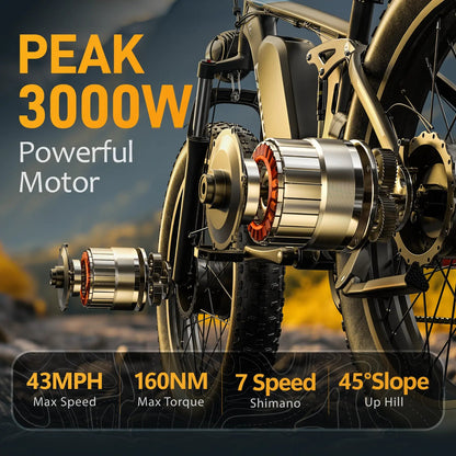 Electric Bike for Adults 43MPH 25Ah 52V Fast Ebike 3000W Peak Dual Motors 26" Full Suspension Fat Tire E Bikes for Men with Hydraulic Brake