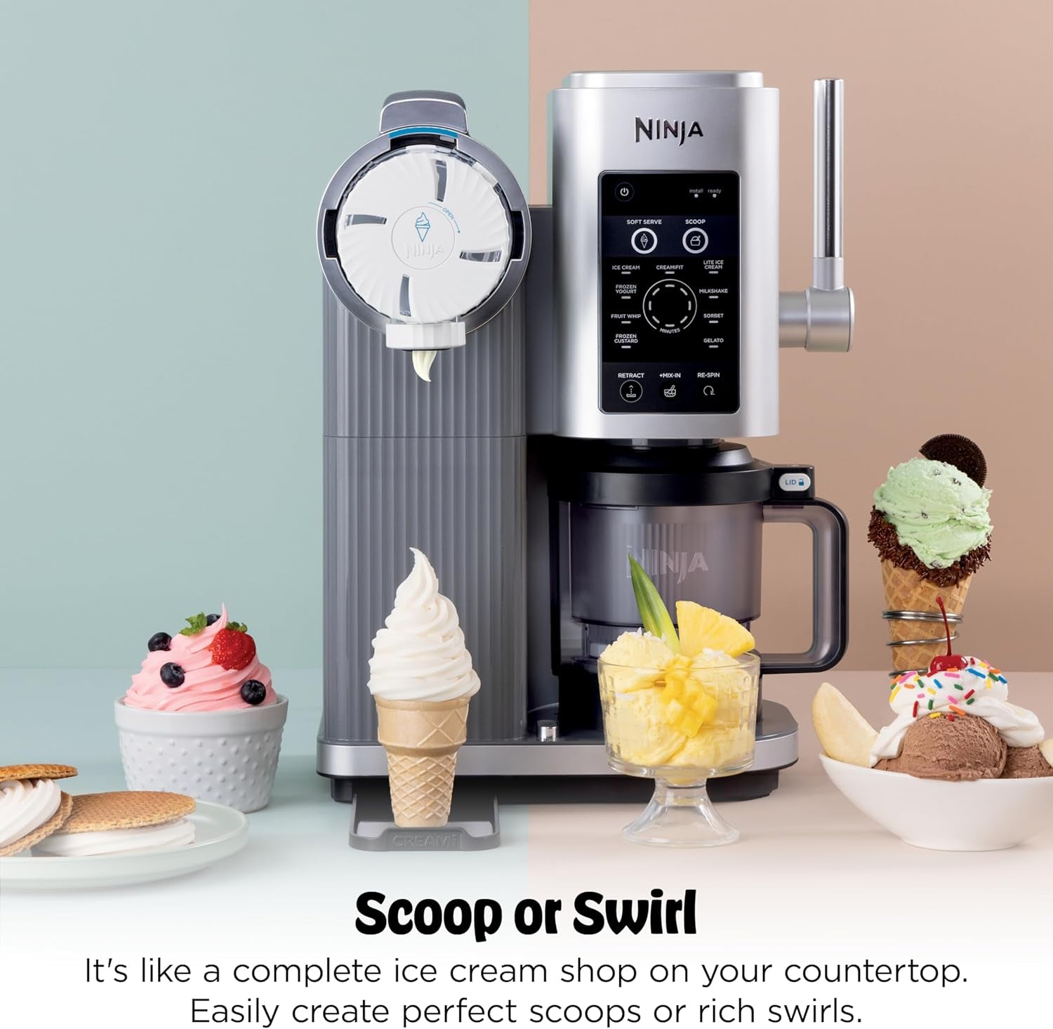 Ninja Creami Scoop & Swirl Ice Cream Maker, Soft Serve Desserts, Sorbet, Milkshakes, Frozen Yogurt and More, 13-In-1 Programs, Includes Handle and Two 16 Oz 2-In-1 Pints, NC701