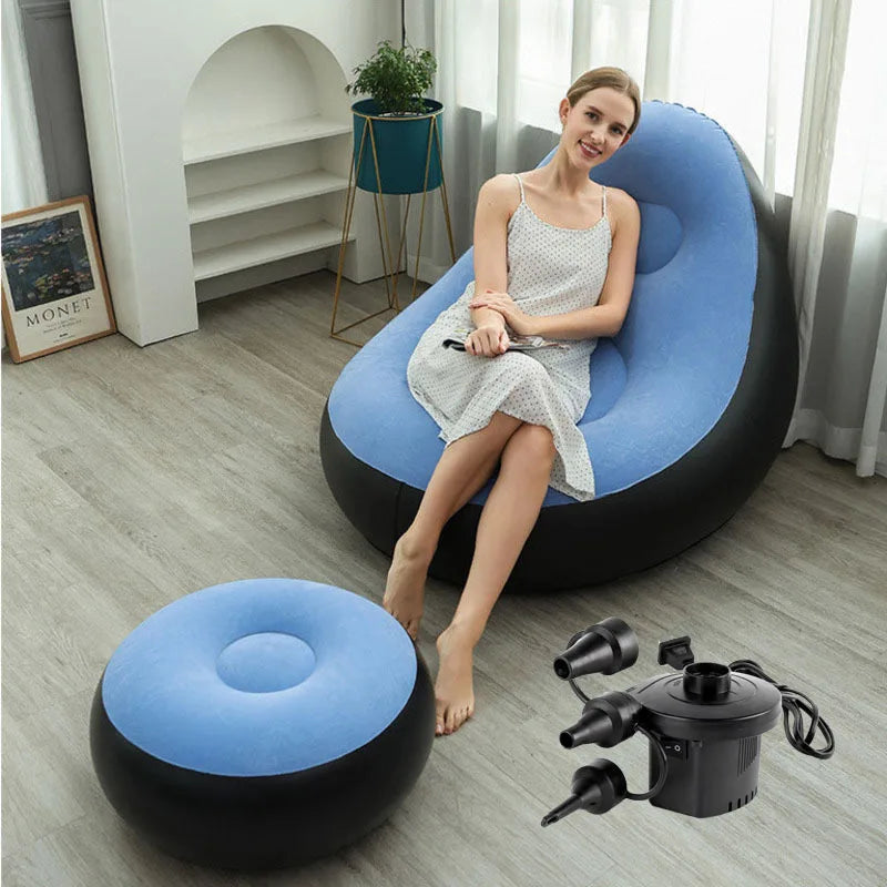 Blow up Couch Inflatable Chair with Footstool Portable Lazy Sofa Lounger Comfy Flocked Surface Portable Chaise Soft Comfortable