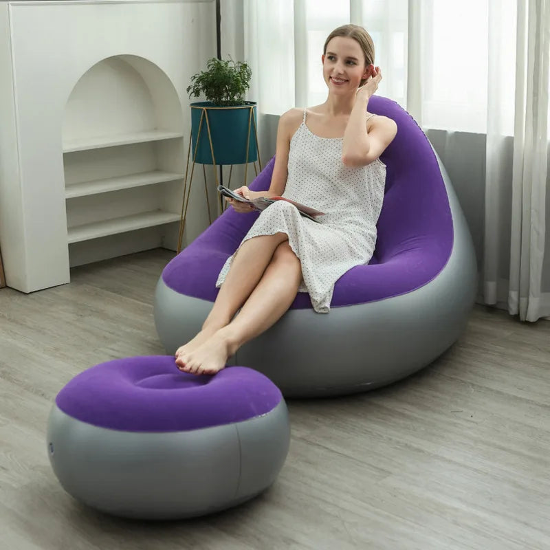 Blow up Couch Inflatable Chair with Footstool Portable Lazy Sofa Lounger Comfy Flocked Surface Portable Chaise Soft Comfortable