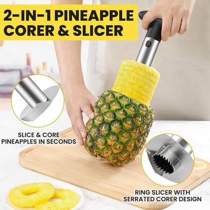 Premium Pineapple Corer and Slicer Tool - Sharp Pineapple Cutter with Serrated Tips - Easy to Use and Clean - Stainless Steel Core Remover for Pineapple - Core Fruits with Ease(Black)