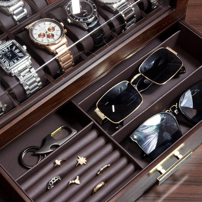High End Watch Box for Men, 12 Slot Wooden Watch Case with Drawer, Watch Display