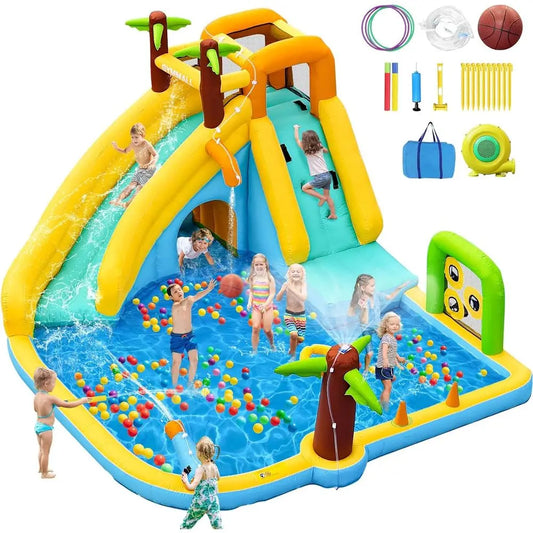 Iatable Water Slide Bounce House with 450 W Blower, Blow up 10-In-1 Waterslide Park Bouncy Castle Outdoor and Indoor, Bouncer Ho