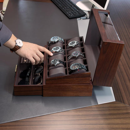 High End Watch Box for Men, 12 Slot Wooden Watch Case with Drawer, Watch Display