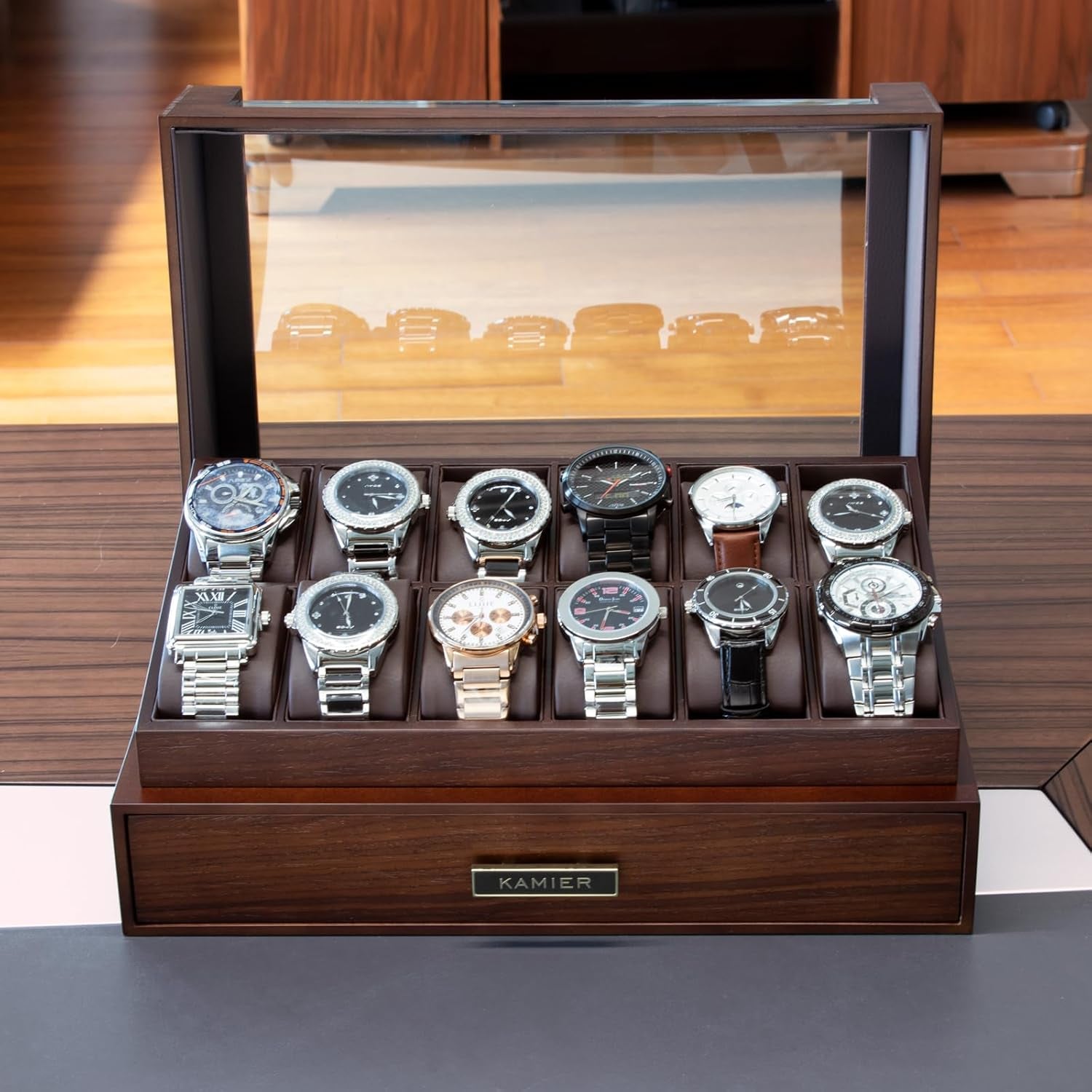 High End Watch Box for Men, 12 Slot Wooden Watch Case with Drawer, Watch Display