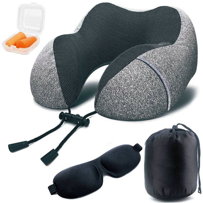 Camkey Travel Pillow, Memory Foam Neck Pillow, Upgrade Design Perfect Support U Shaped Pillow with 3D Contoured Eye Mask, Earplugs, Travel Bag