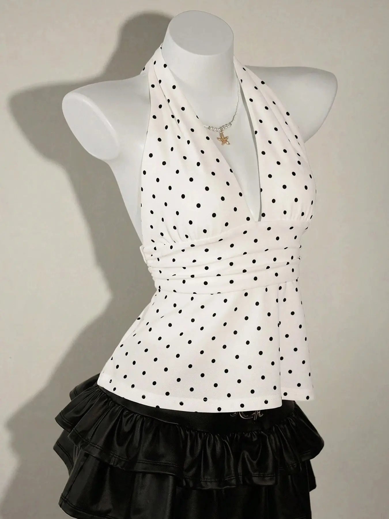 Women'S Polka Dot Print Halter Top, Deep V Neck, Tie Back Closure, Adjustable, Ruched Waist, Multiple Color Options, Soft Breathable Fabric, Daily Casual Vacation Date Night Wear, Womenswear & Halter Tops