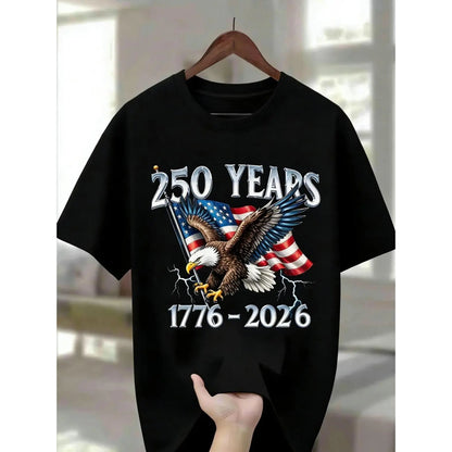 100% Men'S round Neck T-Shirt with Eagle Pattern| 250 Years 1776- 2026 United States Flag Design, Ideal for Thanksgiving, Christmas, Summer, and Casual Attire, Men'S Casual Comfortable T-Shirt