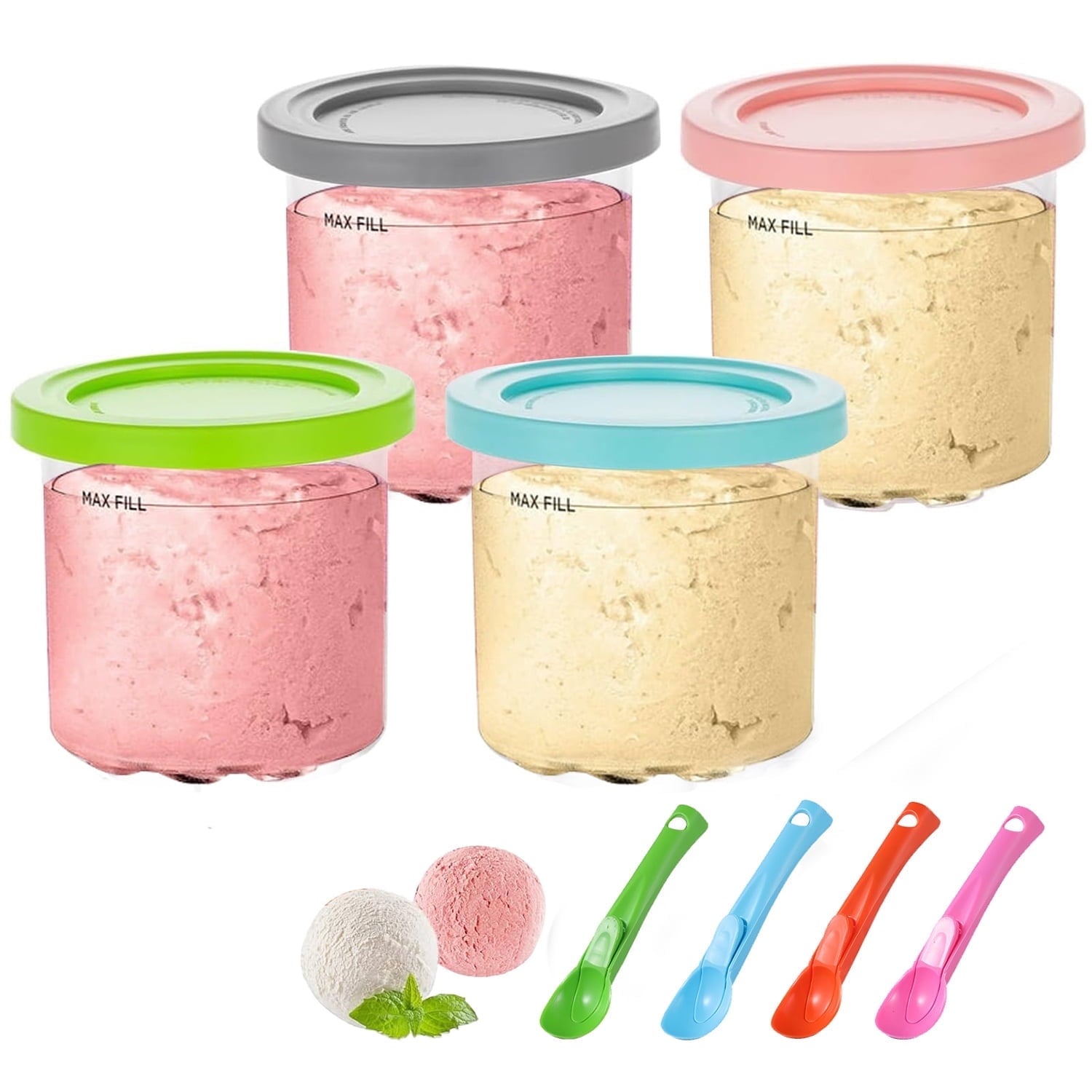 Ice Cream Pint Container 4-Pack , Replacement for Ninja Creami Pints and Lids,16Oz Cups Compatible with NC301 NC300 Series Ice Cream Makers, Dishwasher Safe with 4 Ice Cream Scoops