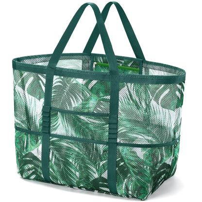 Livhil Mesh Beach Bag Rope Handles, Mesh Tote Bag for Women Contains Wicker Oversized Beach Tote Bag with 9 Small Pockets