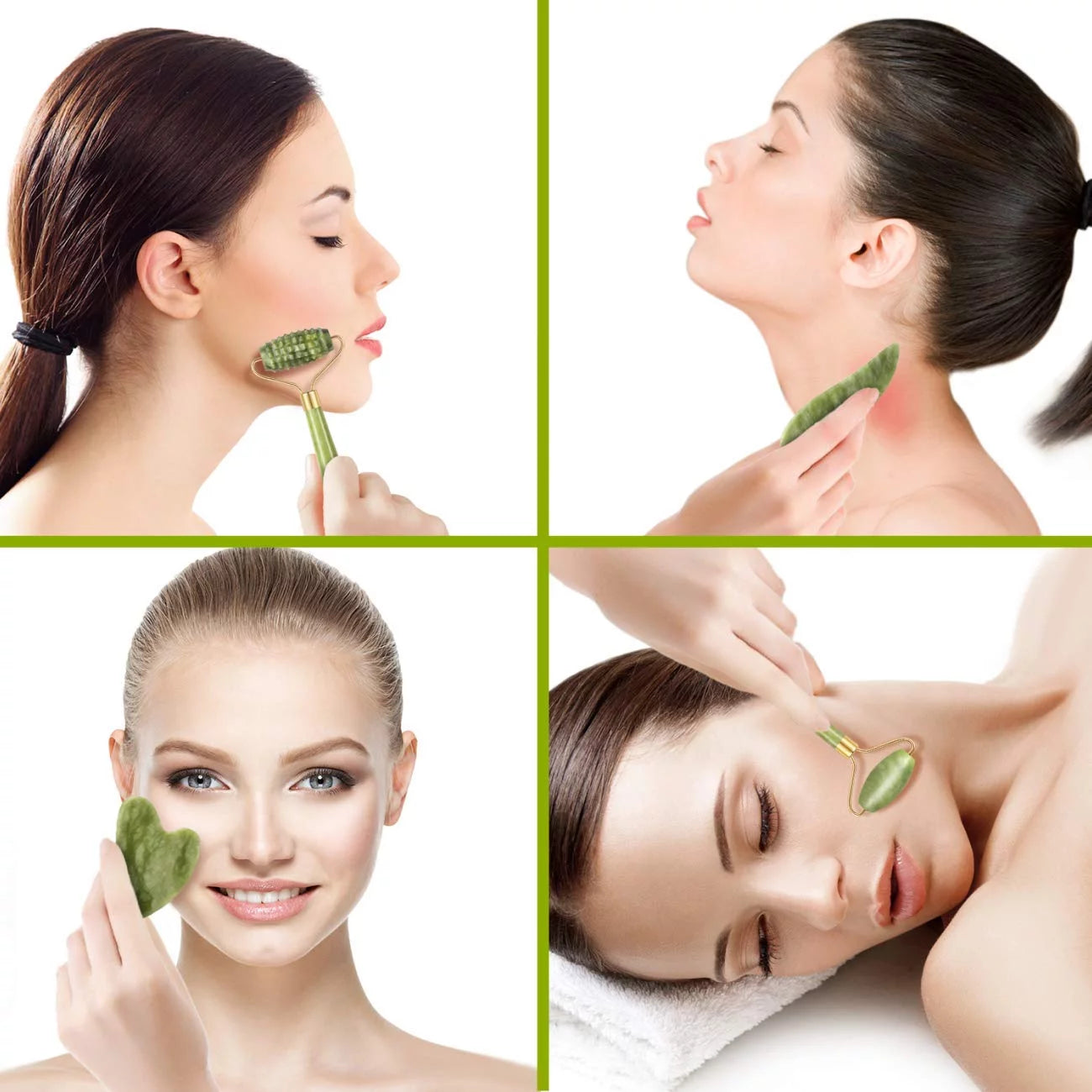 Charmonic 4Pcs/Set Jade Roller and Gua Sha Set Facial Massager Skincare Beauty Tools for Anti-Aging, Gentle Skin, Remove Wrinkles & Eye Puffiness