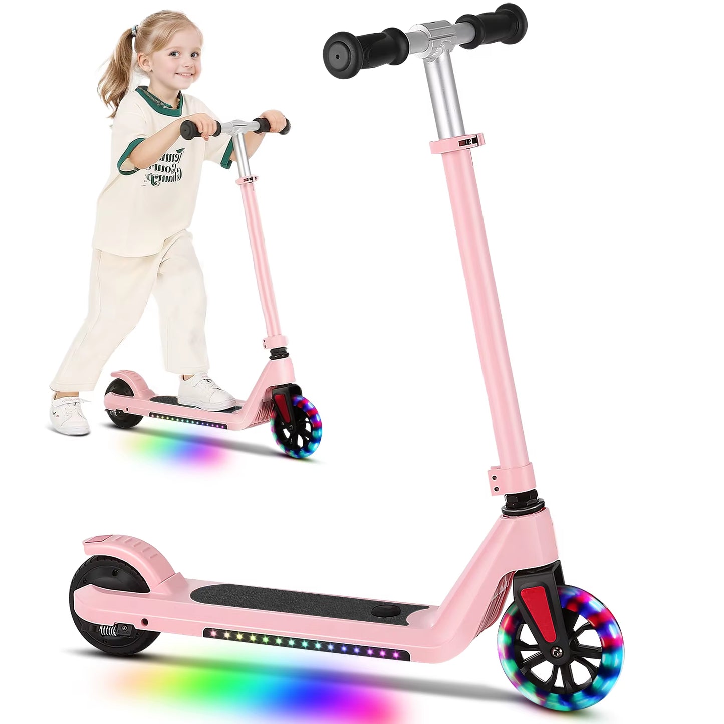 CAROMA Electric Scooter for Kids Ages 6-14,120W Motor,Colorful Light,Adjustable Height&Speed,Foldable Scooter,Ul 1 Year Warranty