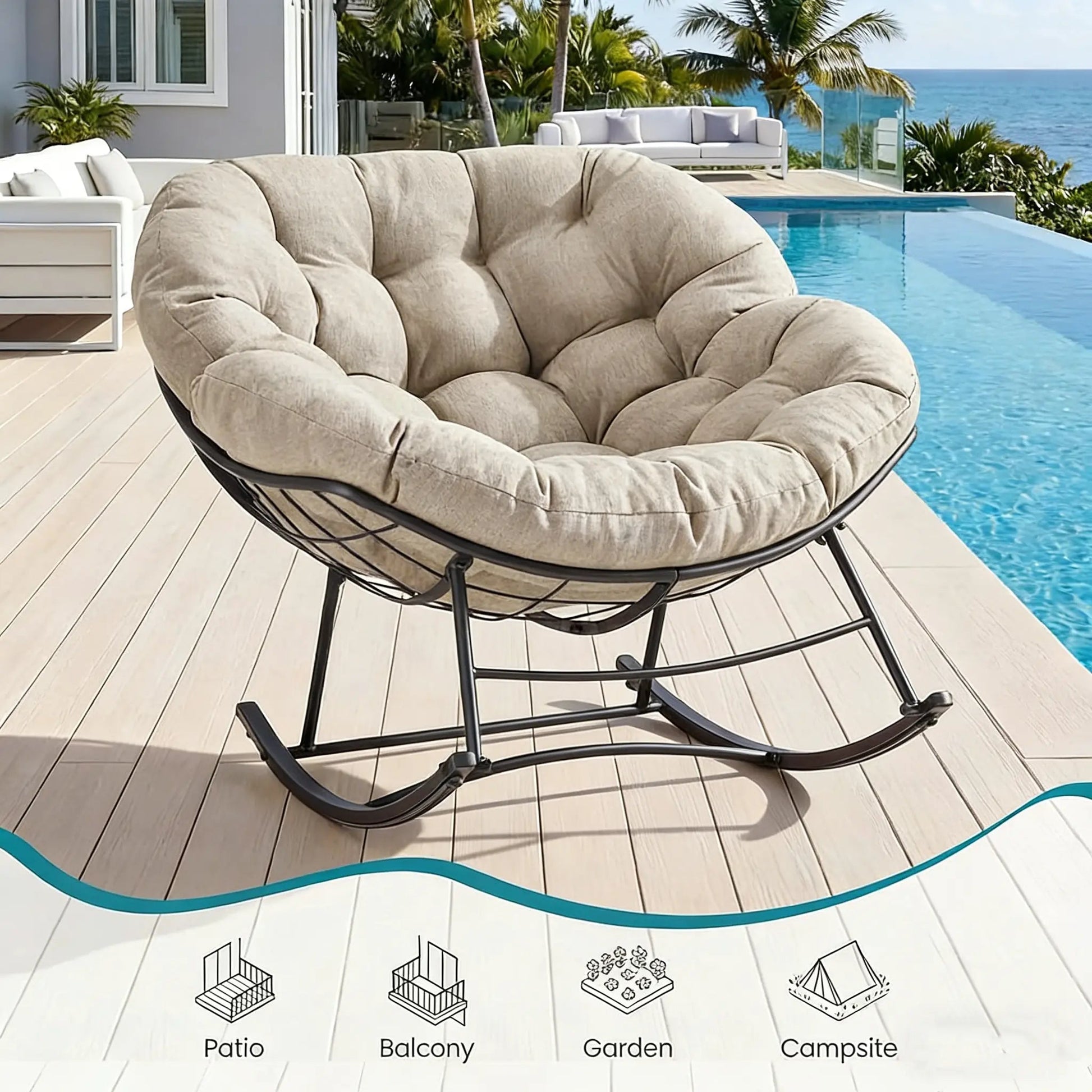 Outdoor Rocking Chair 450Lbs Capacity – 5.5" Thick Water-Repellent Uv-Resistant Cushion, Heavy Duty Egg Rocker with Ergonomic Back, for Patio, Garden, Living Room (Beige/Grey/Black)