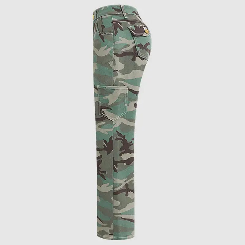Flamingals Stretchy Camo Print Mid Rise Straight Leg Pants