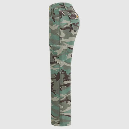Flamingals Stretchy Camo Print Mid Rise Straight Leg Pants
