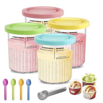 Ice Cream Pint Container 4-Pack , Replacement for Ninja Creami Pints and Lids,16Oz Cups Compatible with NC301 NC300 Series Ice Cream Makers, Dishwasher Safe with 4 Ice Cream Scoops