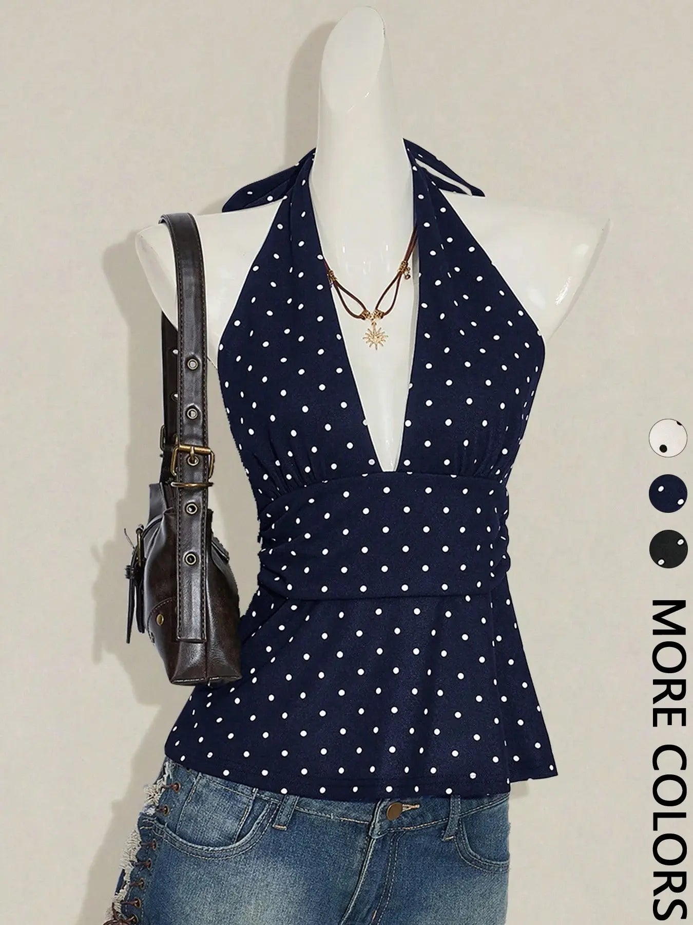 Women'S Polka Dot Print Halter Top, Deep V Neck, Tie Back Closure, Adjustable, Ruched Waist, Multiple Color Options, Soft Breathable Fabric, Daily Casual Vacation Date Night Wear, Womenswear & Halter Tops
