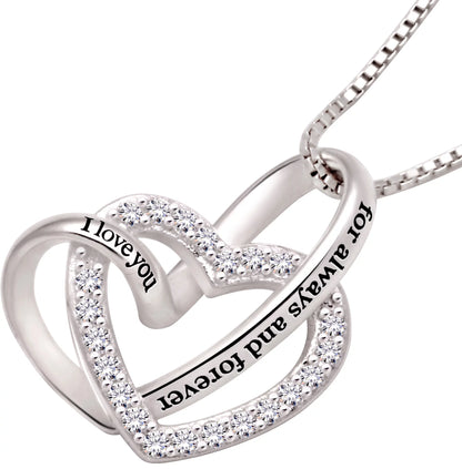 ALOV Jewelry Sterling Silver "I Love You for Always and Forever" Love Heart Cubic Zirconia Necklace