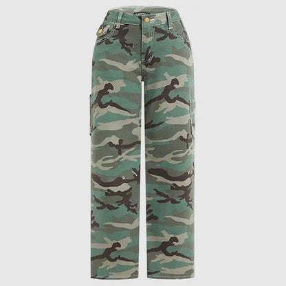 Flamingals Stretchy Camo Print Mid Rise Straight Leg Pants