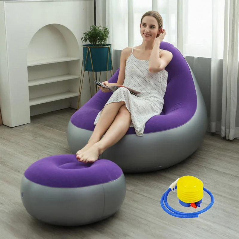 Blow up Couch Inflatable Chair with Footstool Portable Lazy Sofa Lounger Comfy Flocked Surface Portable Chaise Soft Comfortable