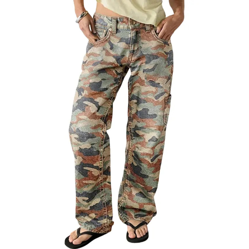 Flamingals Stretchy Camo Print Mid Rise Straight Leg Pants