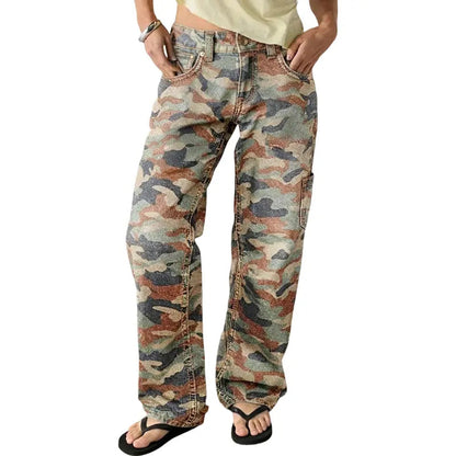 Flamingals Stretchy Camo Print Mid Rise Straight Leg Pants