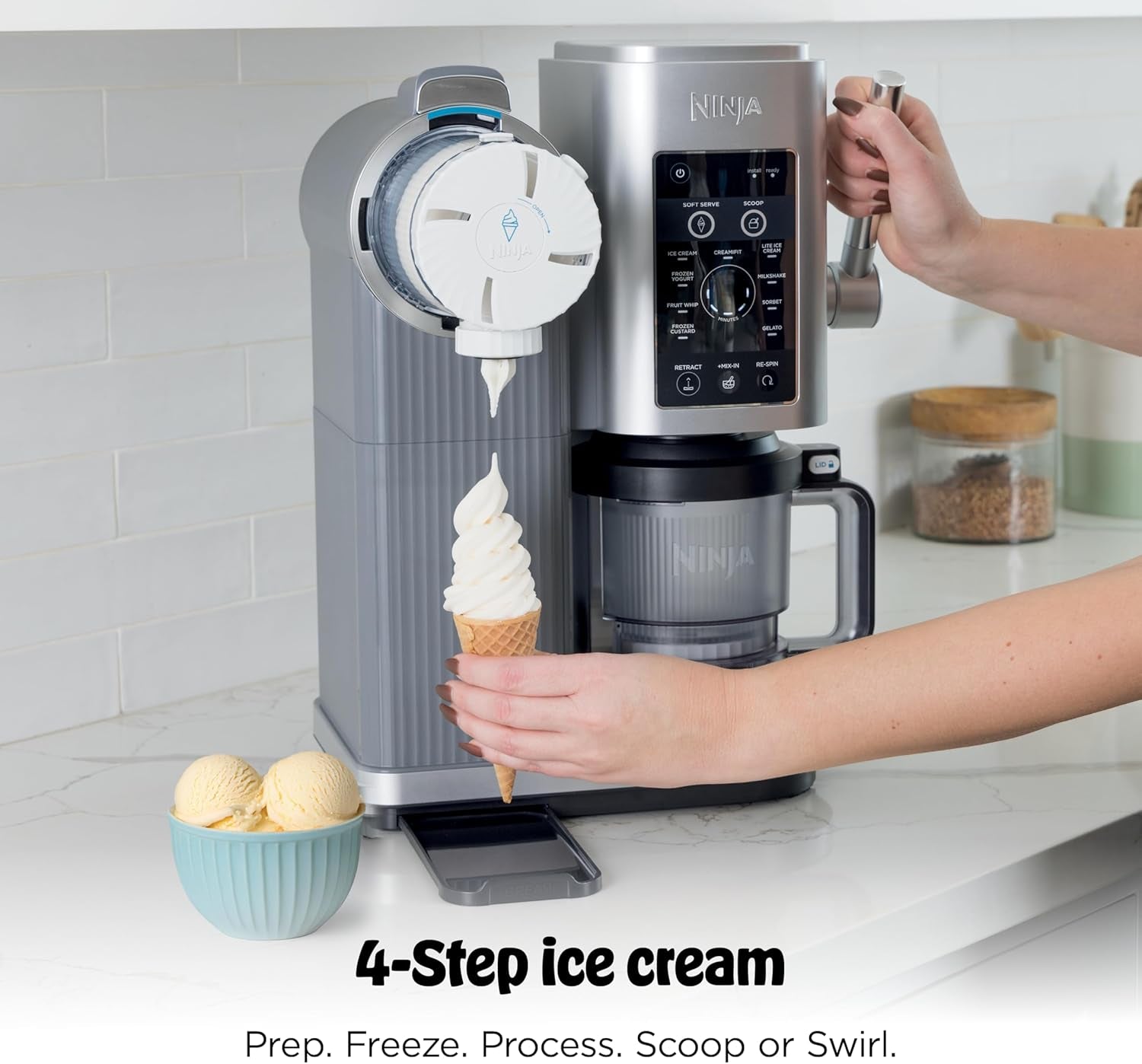 Ninja Creami Scoop & Swirl Ice Cream Maker, Soft Serve Desserts, Sorbet, Milkshakes, Frozen Yogurt and More, 13-In-1 Programs, Includes Handle and Two 16 Oz 2-In-1 Pints, NC701