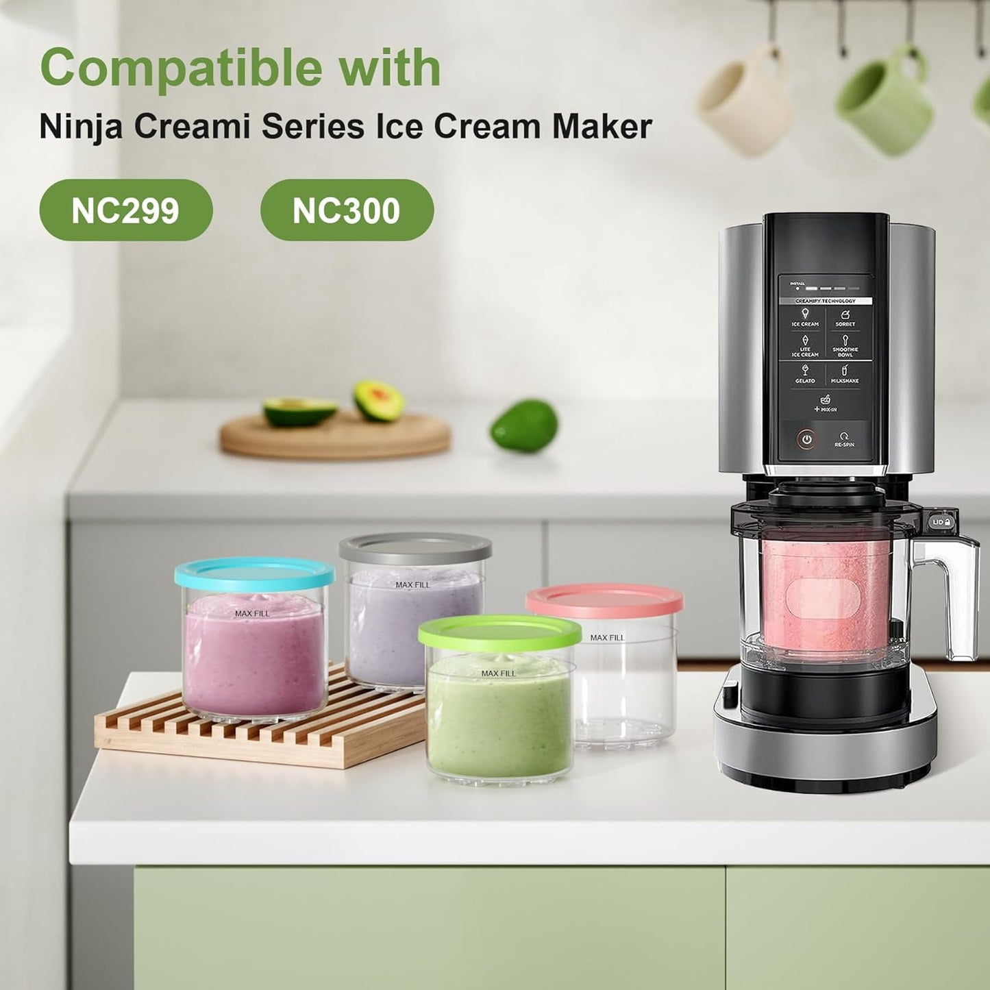 Ice Cream Pint Container 4-Pack , Replacement for Ninja Creami Pints and Lids,16Oz Cups Compatible with NC301 NC300 Series Ice Cream Makers, Dishwasher Safe with 4 Ice Cream Scoops